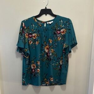 DR2 Green and Orange Blouse with Peter Pan Collar and Short Sleeves